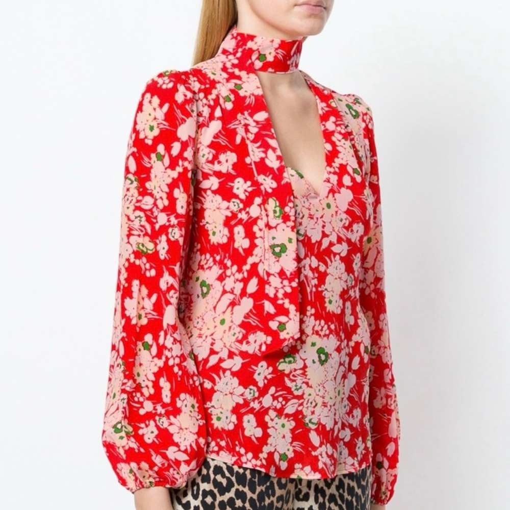 RIXO Moss Silk Tie Neck Blouse